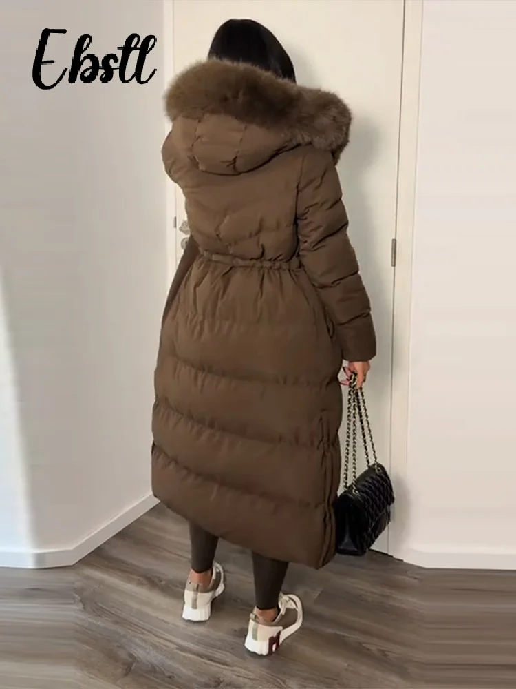 الدافئة الفراء طوق مرونة الخصر معطف مقنع المرأة أنيقة الخصر متقصف سحابات طويلة القطن معاطف 2025 شتاء جديد سيدة أبلى