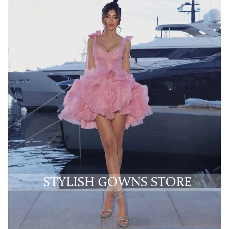 Customized PinkStrap Bow Homecoming Dress Sweetheart Boned Corset Multi Layer Ruffle Tulle Skirt Short Homecoming Cocktail Gown