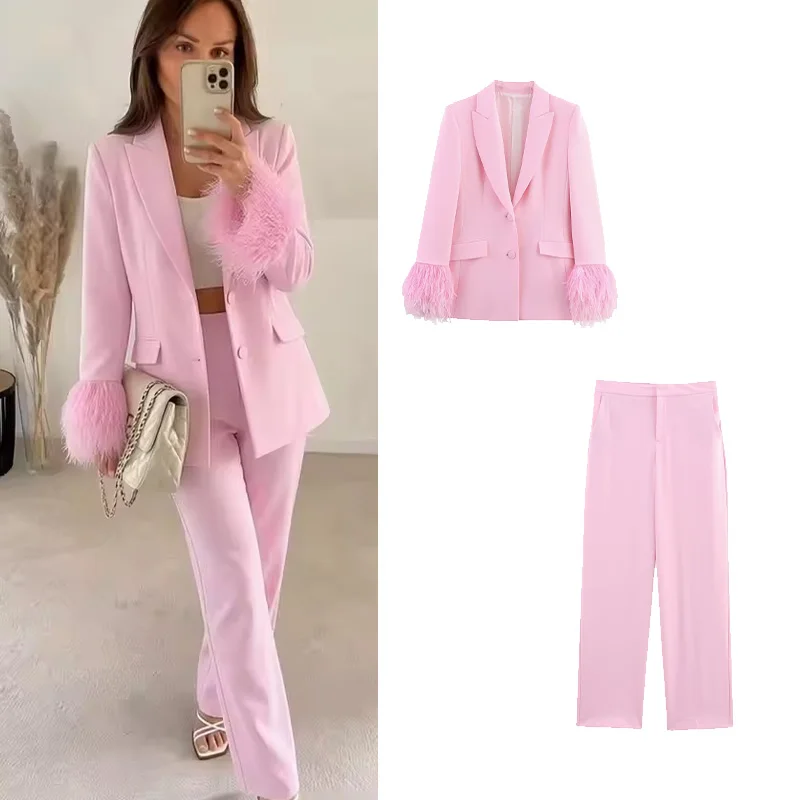 HipSeam Women's Low-Rise Pants Set New 2026 Autumn Feather Cuffs Shoulder Pads Blazer & Straight Leg Trousers Female Outfit