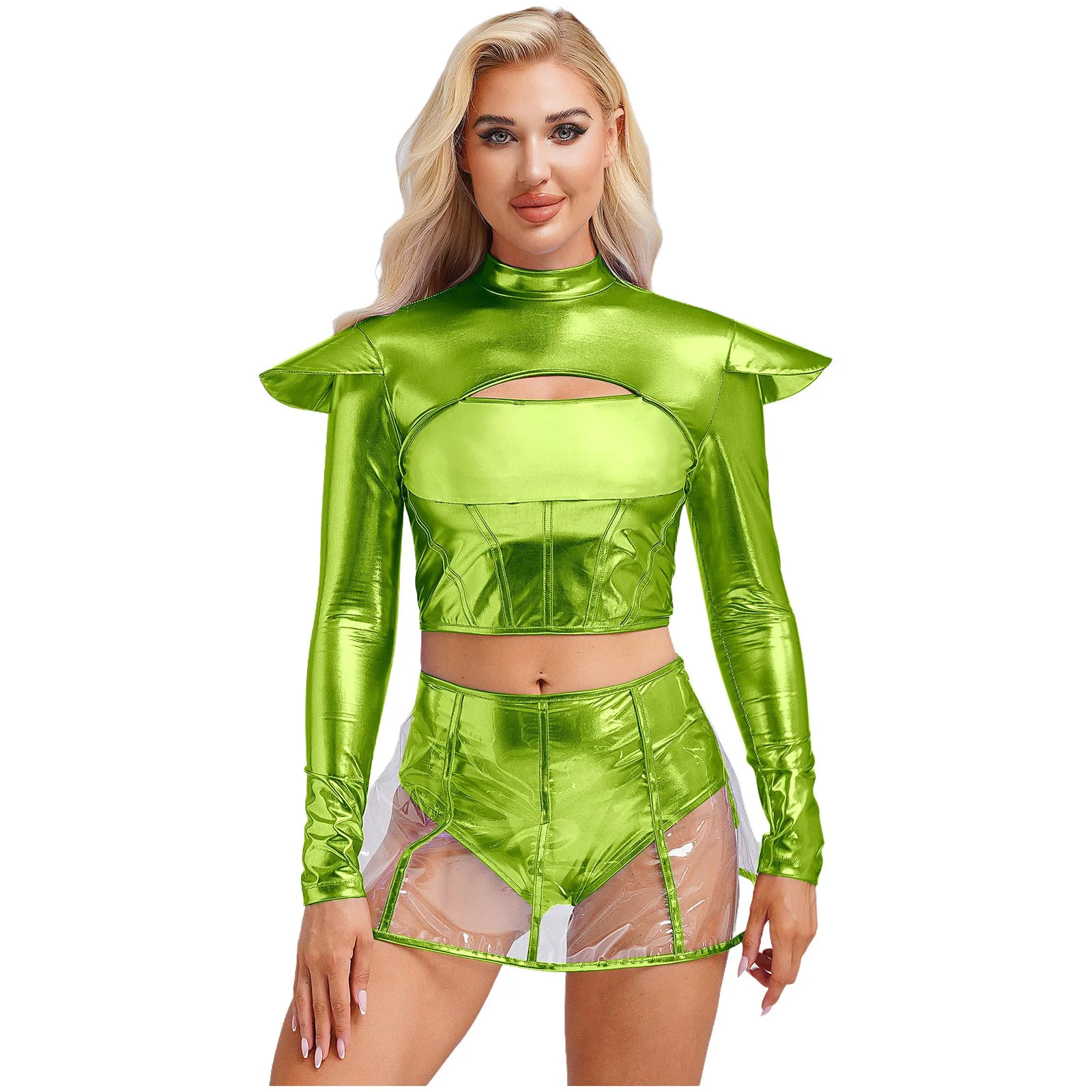 Women Role Play Alien Costume Astronaut Long Sleeve Outerspace Costume Outfits Top with Transparent Skirt Halloween Dress Up