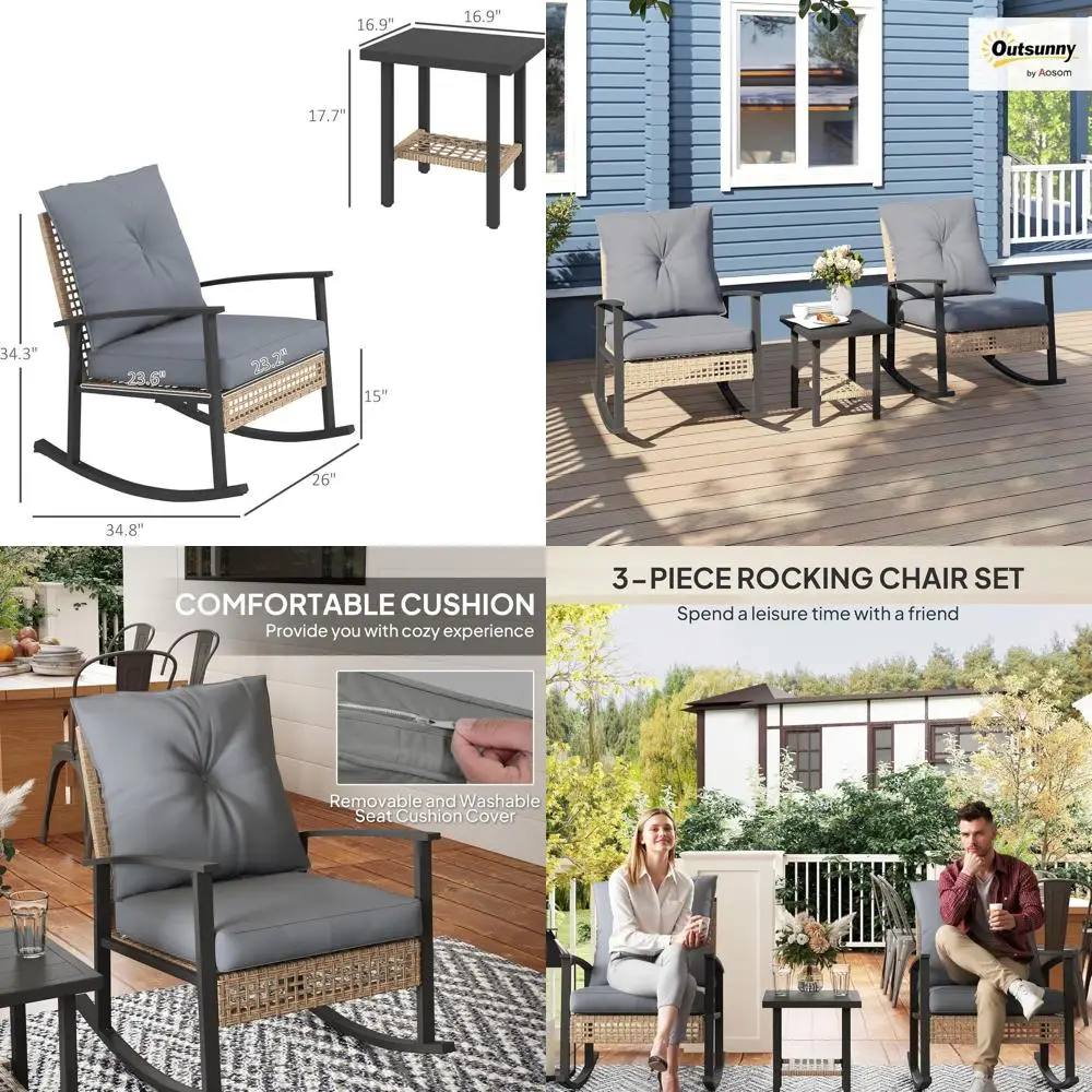 

Комплект уличной мебели из 3 предметов: плетеный диван-качалка, ротанговый набор для патио с кофейным столиком и стульями для веранды, с подушками на пуговицах