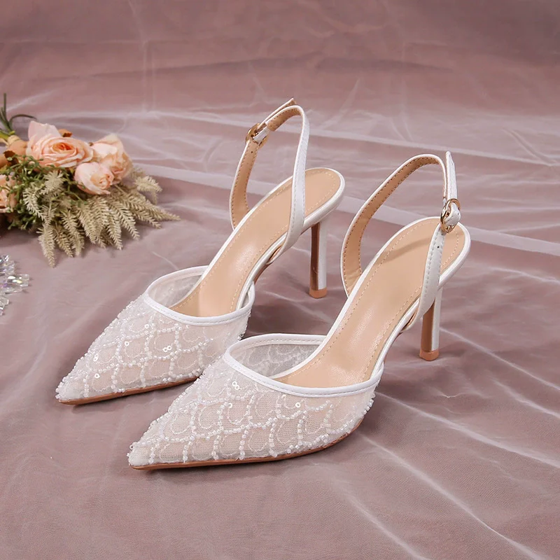 Summer new pointed mesh beeze belle sequins white low-heeled wedding shoes banquet ruler large size small size women's sandals
