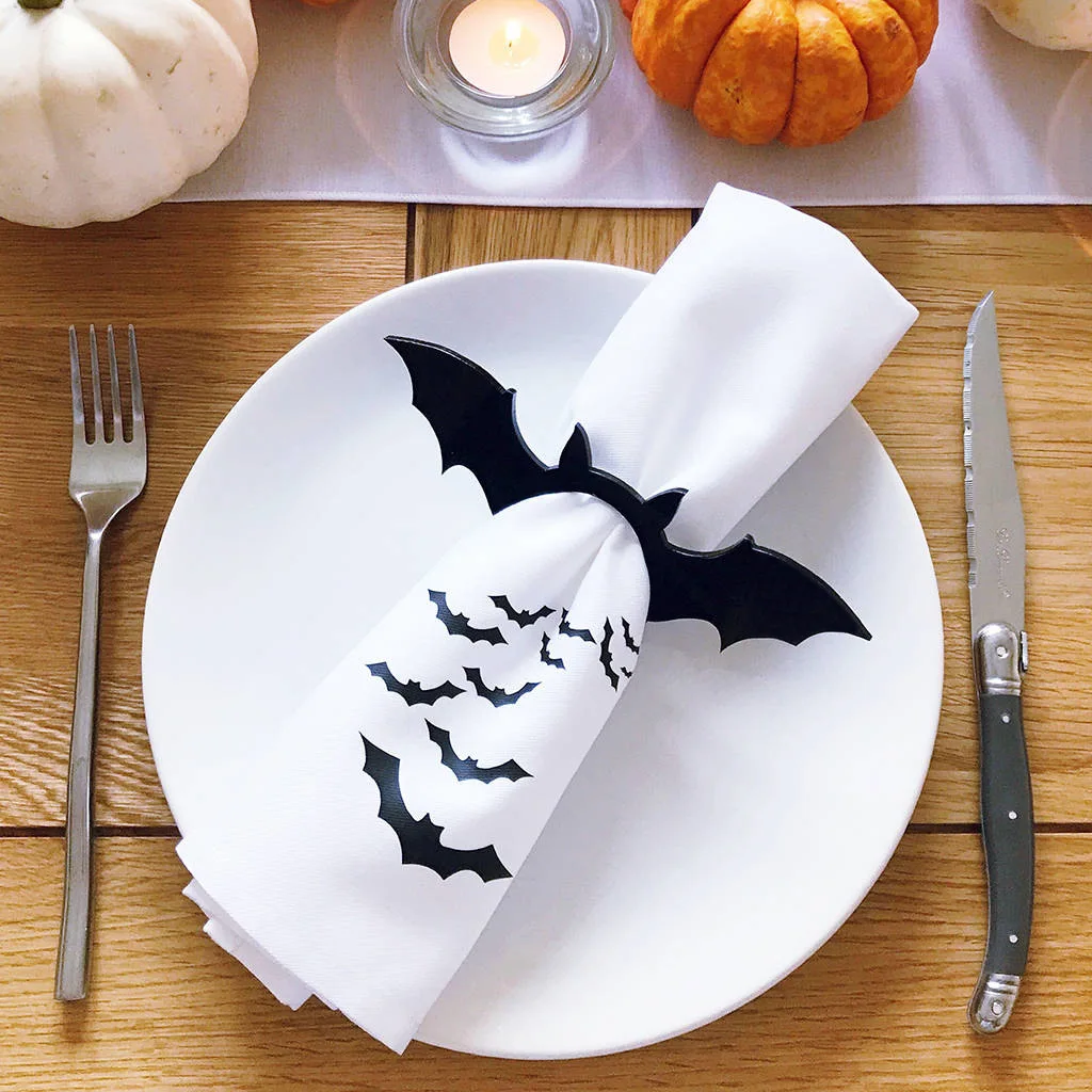 

12pcs Bat Napkin Rings Happy Halloween Black Wooden Family Dining Table Decorations For Parties Treat Or Trick