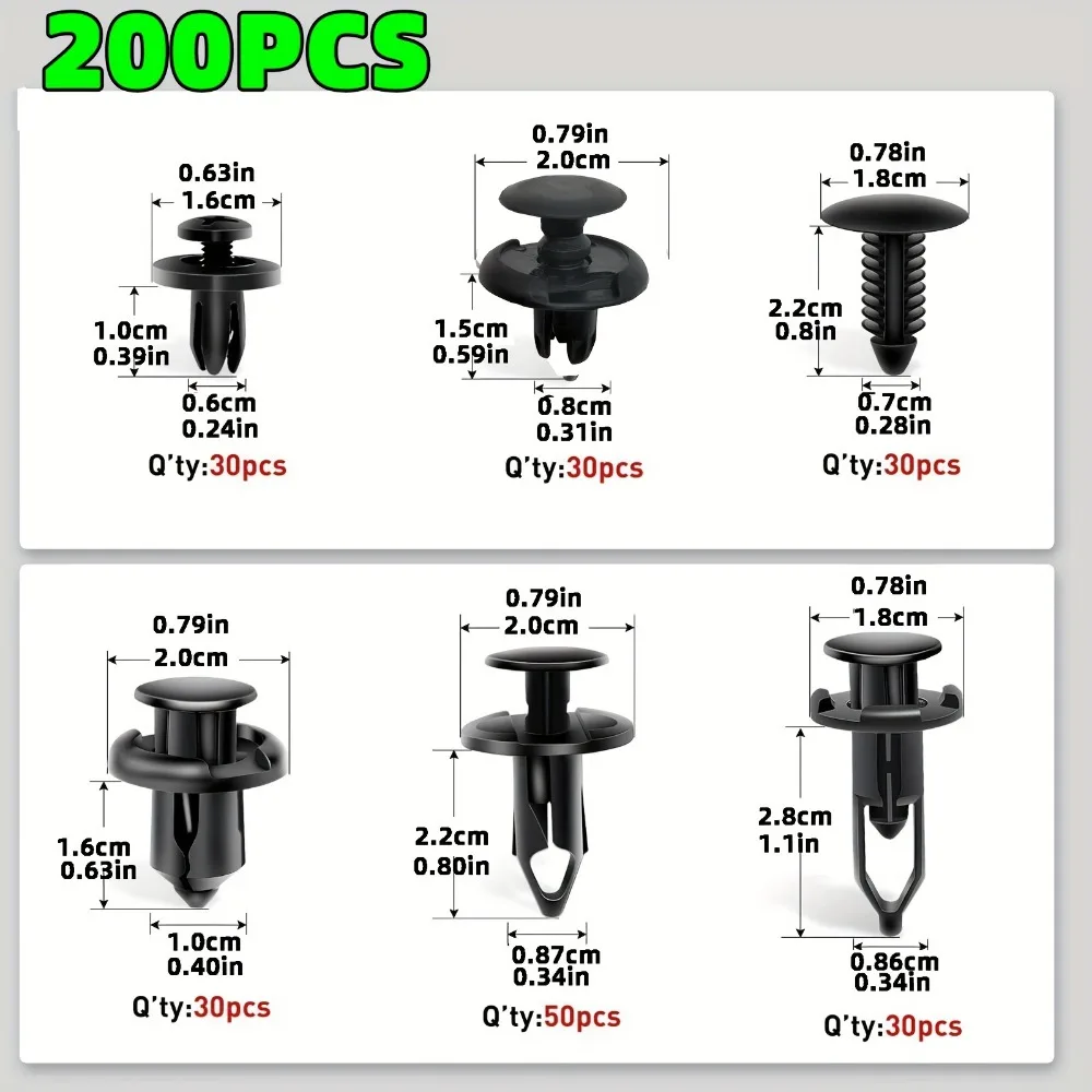 200pcs Universal Car Fixing Clips Set 6mm-10mm Bumper Push Rivets for Toyota Ford GM Honda - Mixed Six Types of Car Trim Tabs