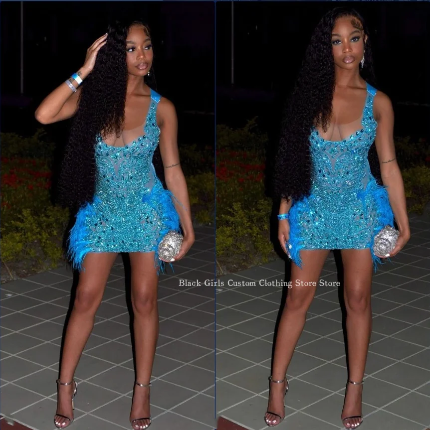 

Sky Blue Short Cocktail Dresses Noble Diamante Feather Applique Black Girls Birthday Party Celebrity Dress robes habilléesCustom