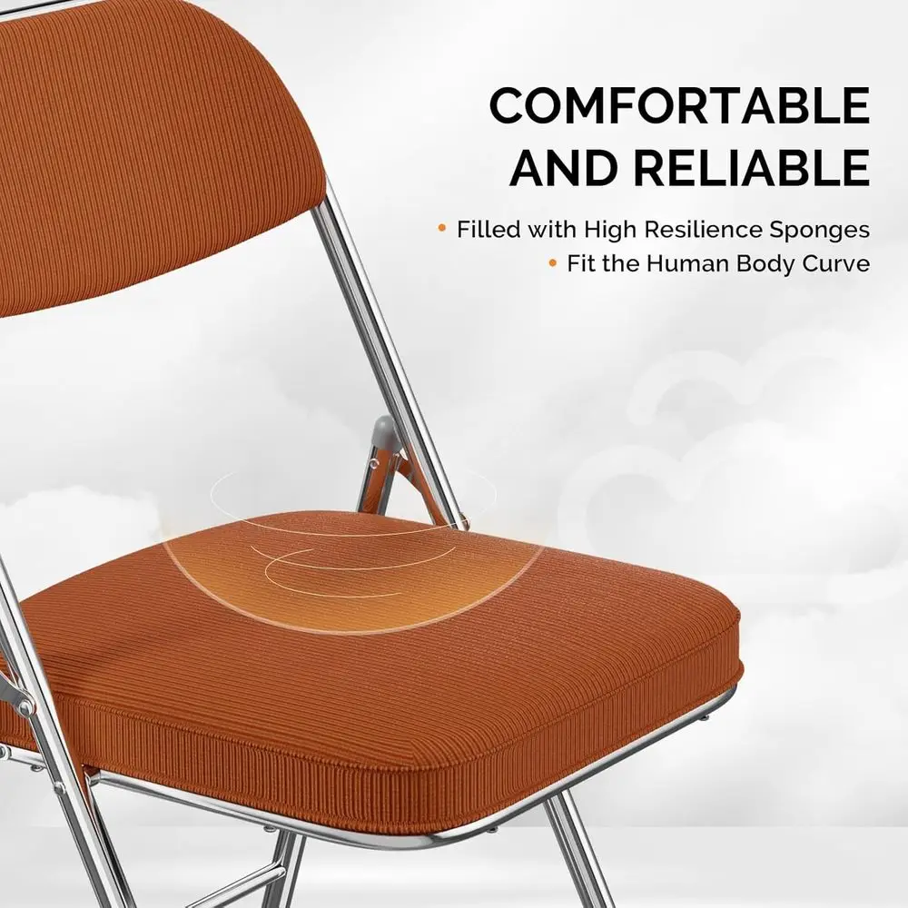 6 sztuk składanych krzeseł z wyściełanym siedziskiem i oparciem, metalowa rama, wytrzymała tkanina sztruksowa, udźwig 158 kg, zestaw 6 sztuk, pomarańczowy – Id