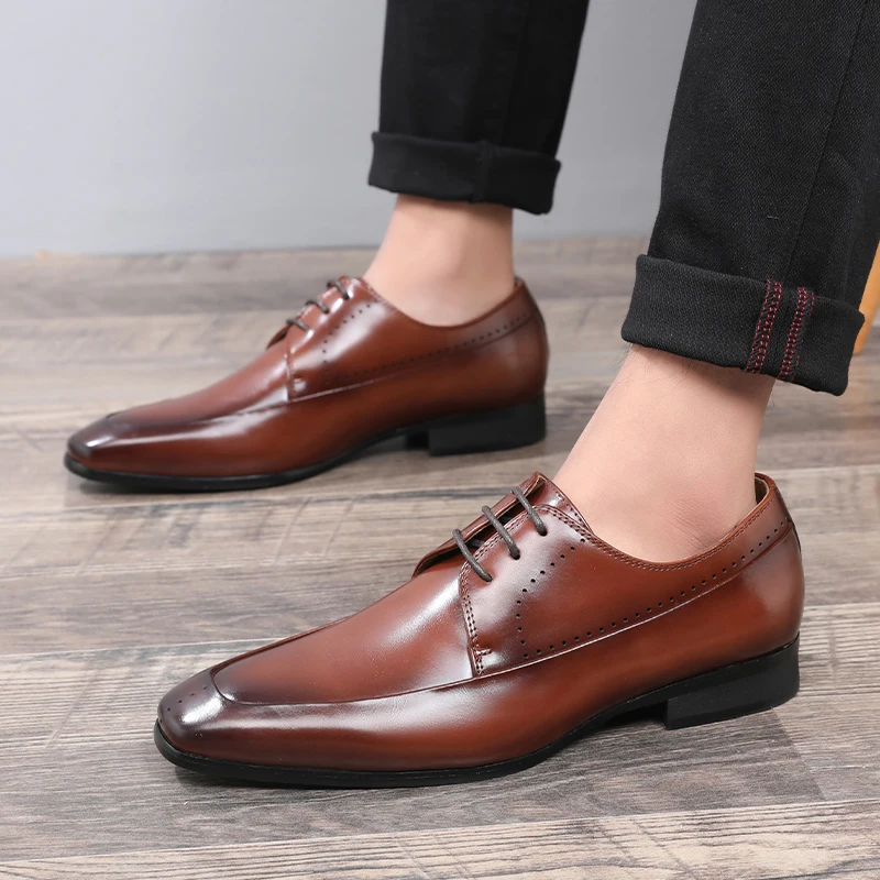 Men\'s Classic Retro Derby Shoes Mens Square Toe Business Dress Office Leather Shoes Men Fashion Wedding Outdoor Flats