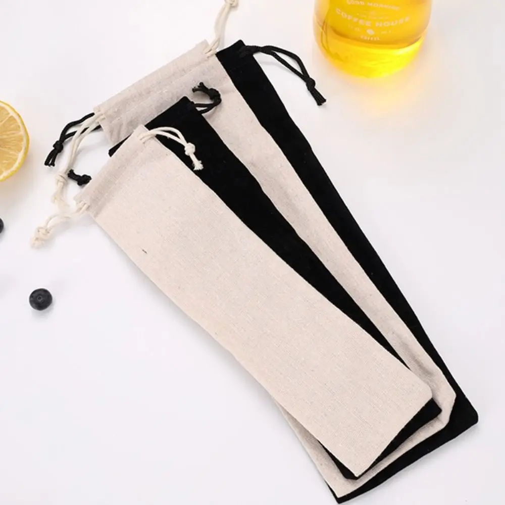 High Quality Cotton Linen Drawstring Pocket Dustproof Straw Storage Bag Cutlery Protector Case Home