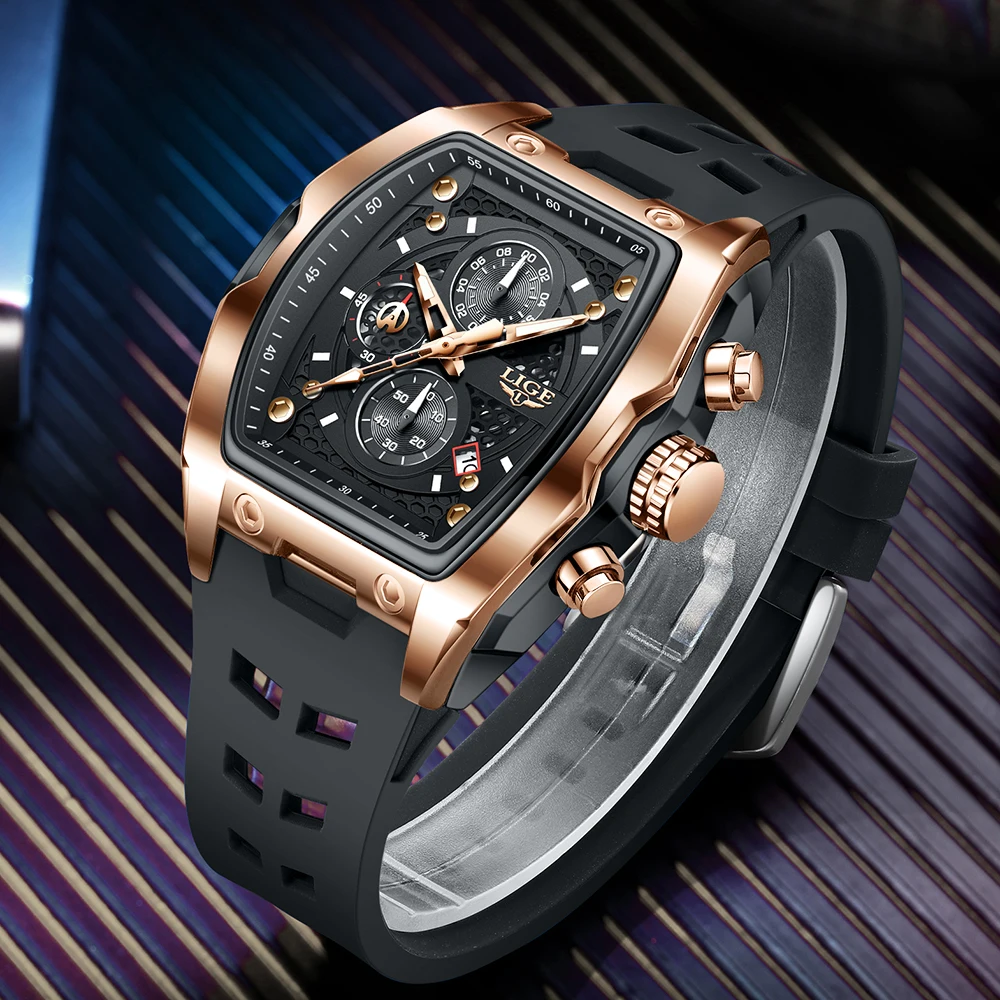 LIGE Men\'s Quartz Multifunction Watches Fashion Sports Chronograph 5ATM Waterproof Silicone Band Casual Man Wrist Watch For Men