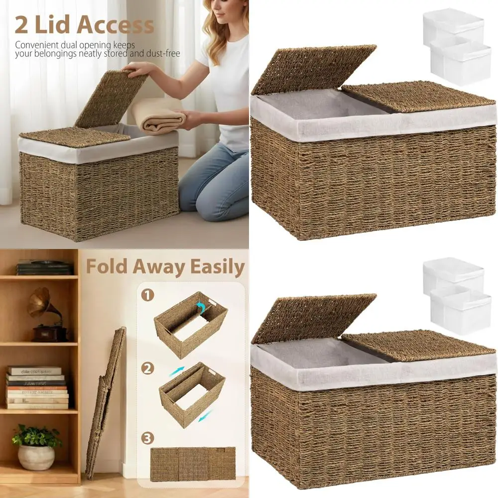 

Большая плетеная корзина для хранения из морских водорослей с 2 крышками и вкладышами, складной органайзер для одежды, игрушек и одеял