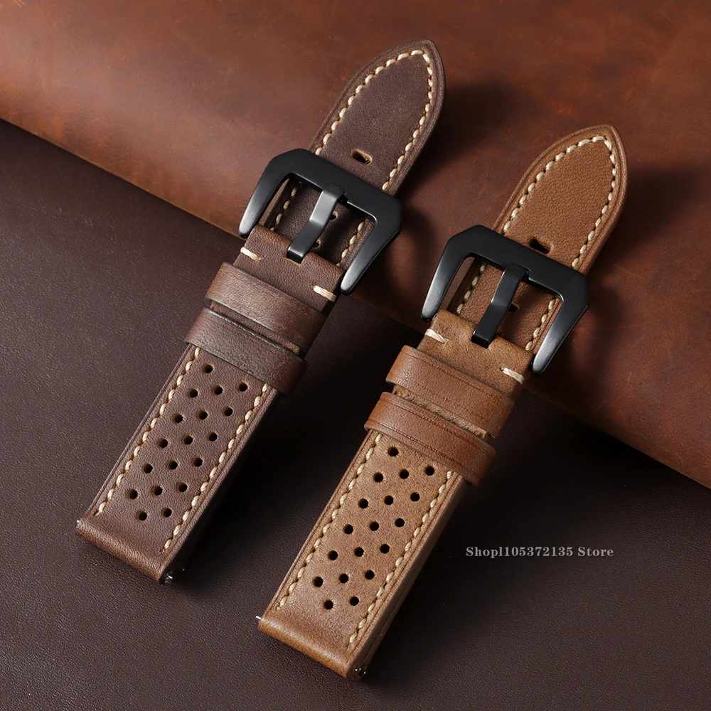 Vintage Cowhide Watch Strap 20mm 22mm Universal Smartwatch Leather Bracelet Quick Release Breathable for Men Women Wrist Band