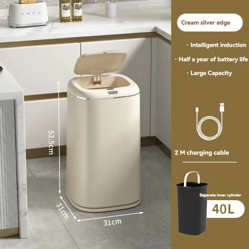 40L Luxury Smart Sensor Trash Can Large Capacity Induction Trash Bin Electric Touchless Wastebasket for Kitchen Bathroom