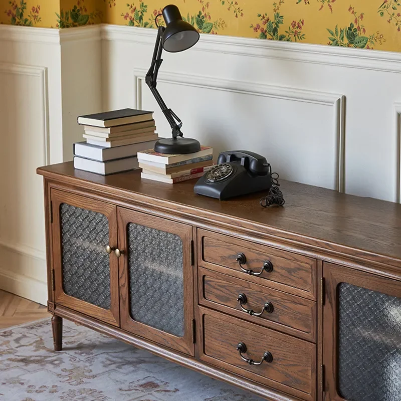 American Solid Wood TV Cabinet French Retro Living Room Storage Audio Visual Cabinet Light Luxury Carved Multi Functional