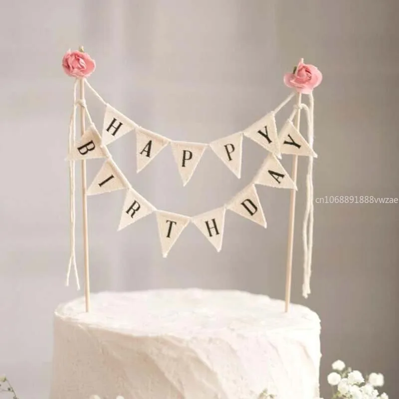 2024 New Birthday Cake Flag Topper Baking Decoration Tools Wood Gadgets Paper Decor Happy Party Birthday Cake Baking Decoration