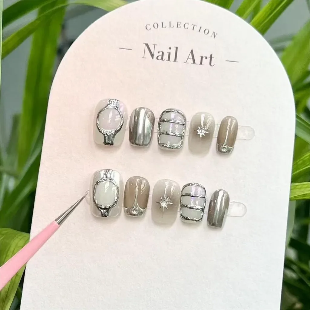Y2k Metallic Style Handmade Wearable Nails Black Pink Hottie Fake Nails Super Cool Short Press-on Nails
