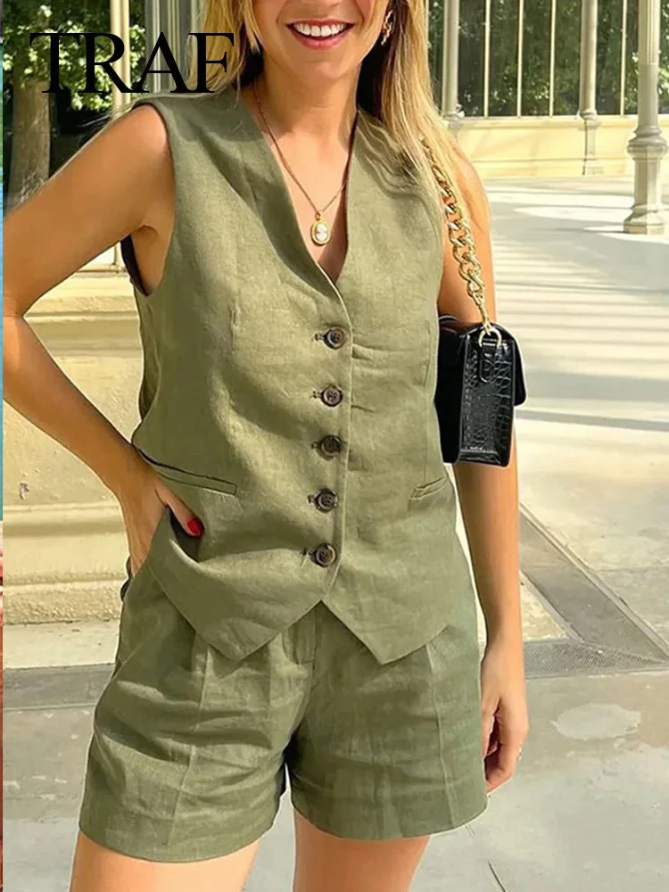 TRAFZA 2024 Women Vintage Solid Waistcoat Pant Sets Linen Waistcoat Single Breasted Vest Top+High Waist Shorts 2 Pieces Suits