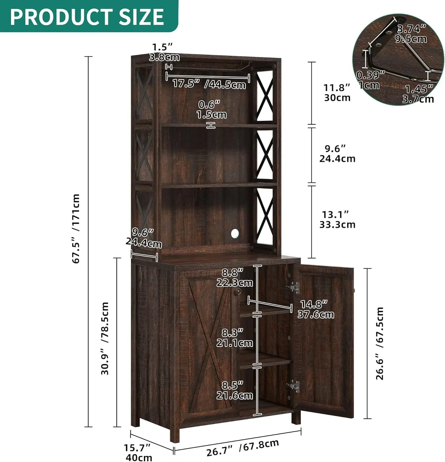 YITAHOME-Refroidisseur de vin de bar, armoire de rangement de cuisine haute de 67 "avec vin T1, étagères de rangement ouvertes, rangement de cuisine de ferme