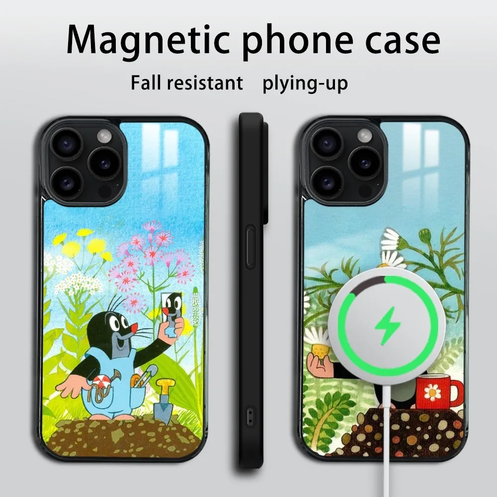 Cartoon L-Little Mole Phone Case For iPhone 16 15 14 13 12 11 PRO MAX PLUS Mini Magnetic wireless mirror phone case