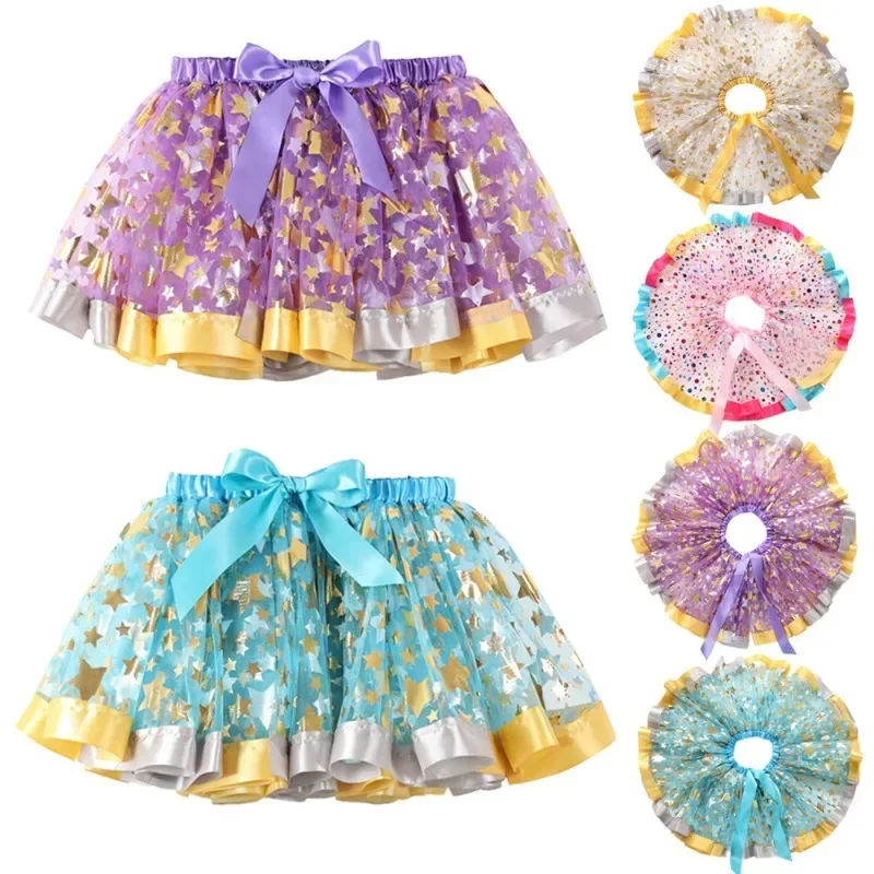 Colorful Dancing Pleated Girls Party Puffy Skirt Christmas Tulle Skirt Print Petticoat Underskirt Kid Girl Tutu Princess Skirt