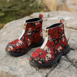 Anti Slip Waterproof Girls Boots Beige/Red Printed Front Zipper Flat Bottom Low Barrel Winter Synthetic Leather Fashion Boots