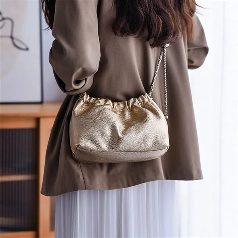 Fashion designers handmade luxury genuine leather women's gold shoulder bag weekend party cow leather ladies crossbody bag