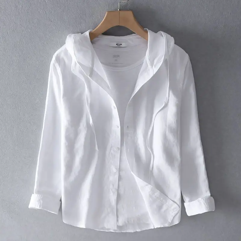 Hot Selling IL6 Men's Linen Shirt Summer Casual Hooded Long Sleeved Shirt Lightweight Cotton Linen Breathable Sunscreen Top