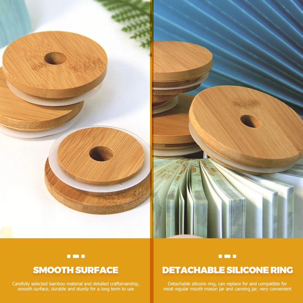 8 szt. bambusowych pokrywek do słoików typu Mason, pokrywki do konserwowania z otworem na słomkę, odłączane silikonowe uszczelki pasujące do większości szklanych słoików na piwo, jogurt.