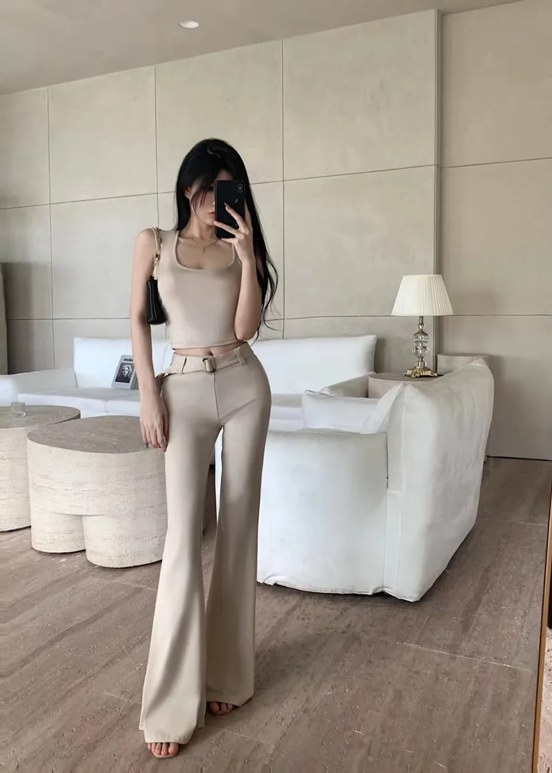 2024 Fashion Temperament Women Solid Color Suits Slim-fit Vest  Sex Appeal Top +Design Chic Belt Flared Pant Prom Party Elegant