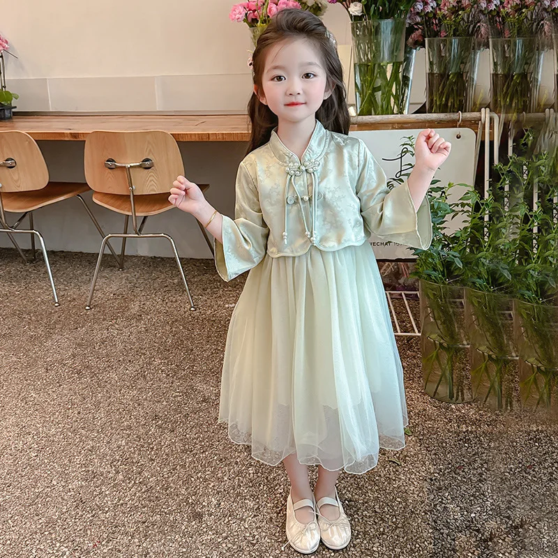 New Girls' National Style Dress2024Spring And Autumn Girl'S Long Princess Dress Little Fairy Baby Ancient Costume Cheongsam