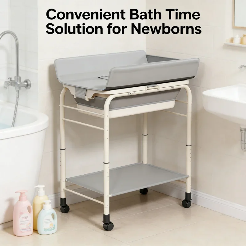 

Folding Baby Diaper Changing Table with Sink Bath Tub Combo 4-Wheel Adjustable Height Shower Bed Infant Care Station for Newbor