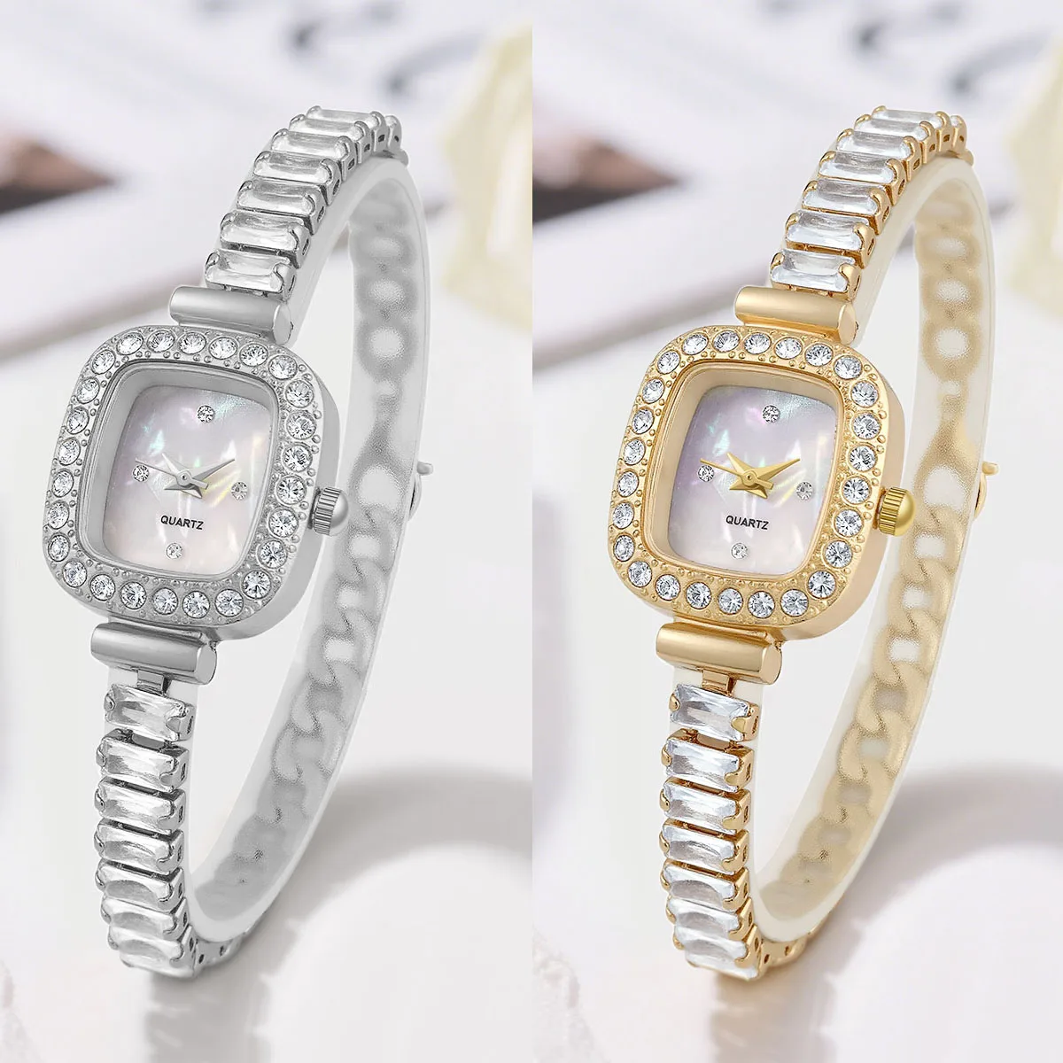 Small Square Women Quartz Wristwatch Rhinestone Bezel Mother Of Pearl Dial Crystal Bracelet Watch