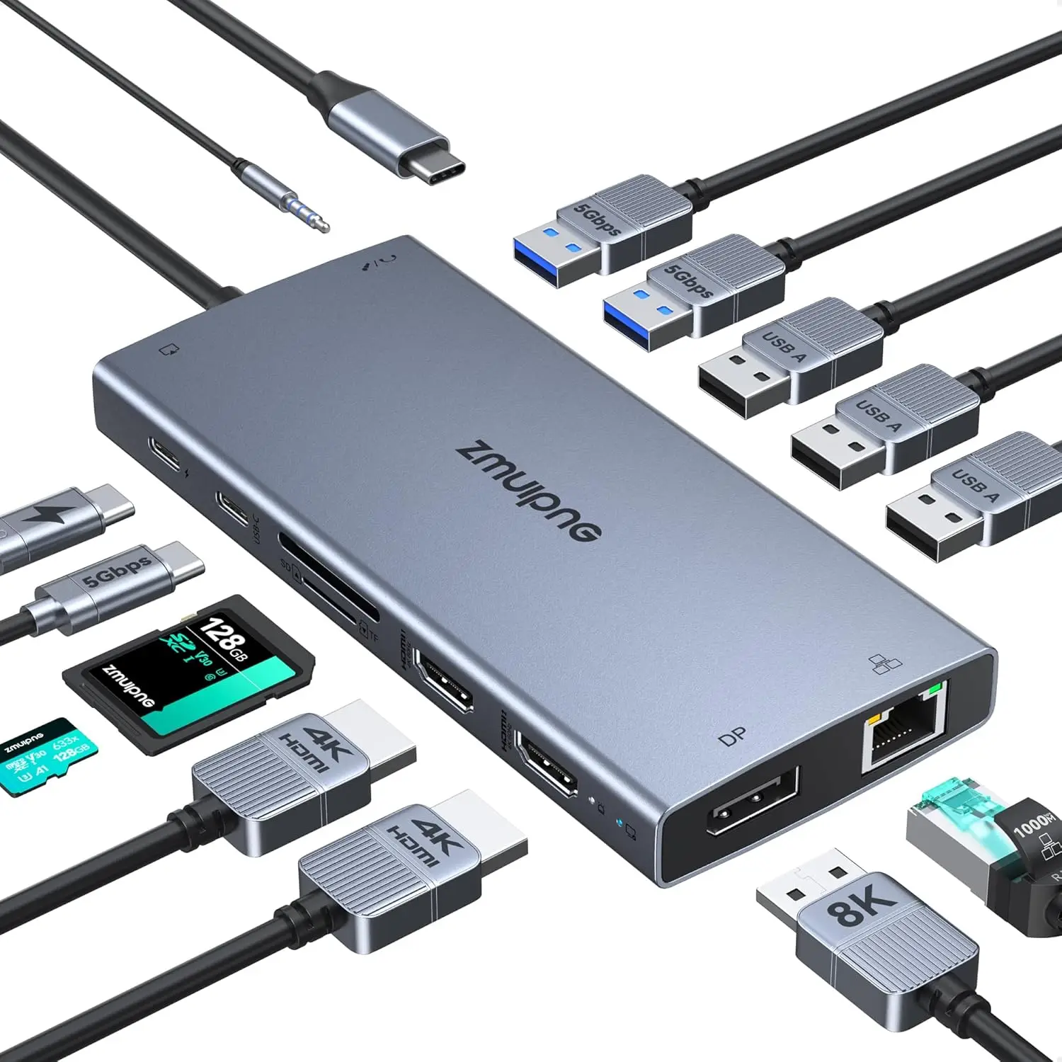 

Док-станция 15 в 1 USB-C с двумя 4K HDMI, 8K DP, зарядкой PD, Ethernet и несколькими портами для ноутбуков