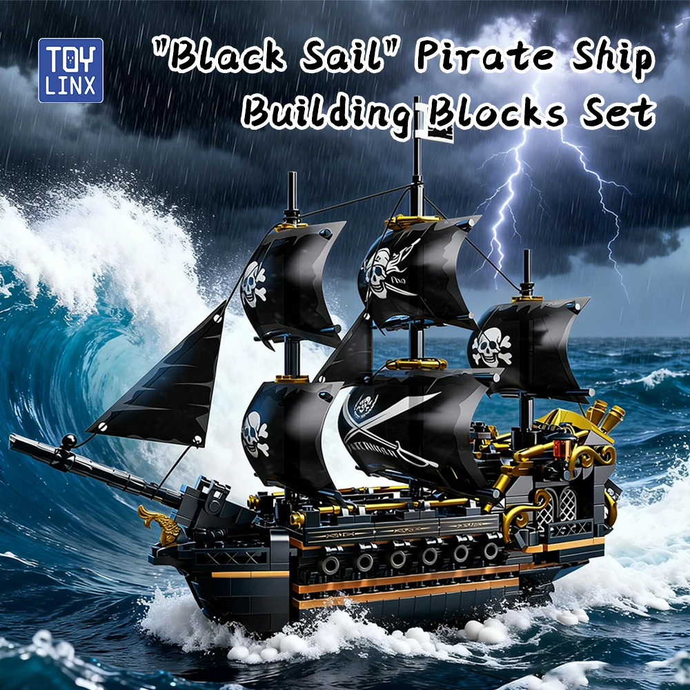 Mystery Pirate Ship Bricks Model Black Gold Color Scheme 3D Puzzle Challenge Collectible Naval Ship Encourages Creativity Skills view 2