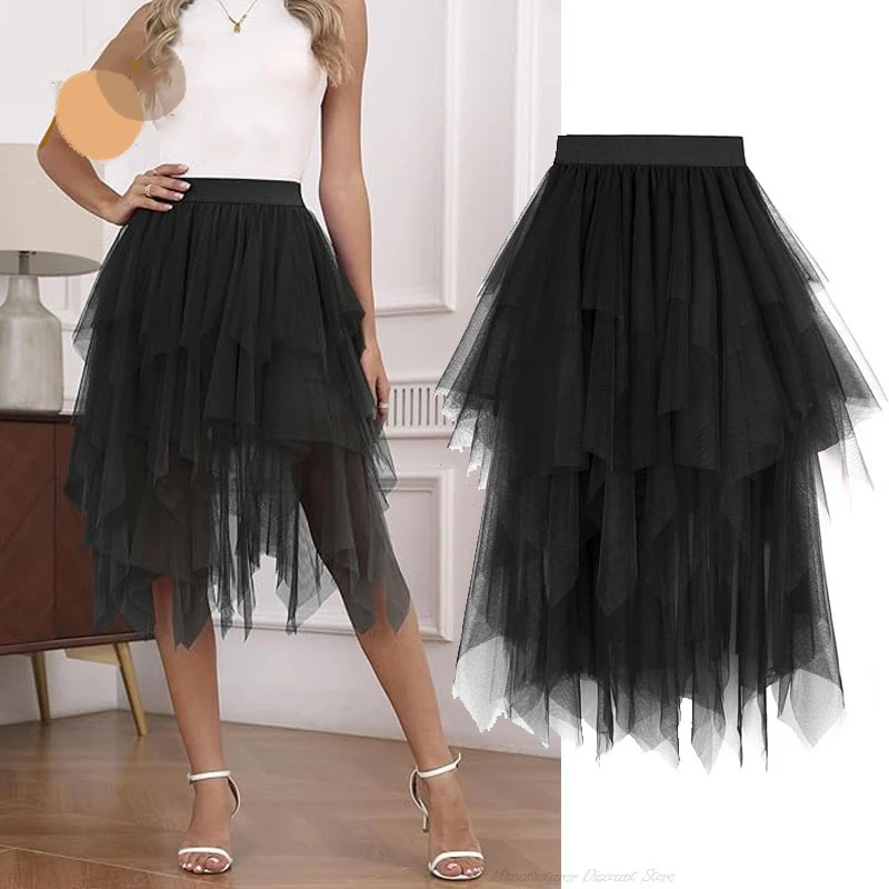 Women Mesh Pleated Skirt A-line High Waist Skirt Irregular Tulle Skirt Multilayer  Ballet Tutu Prom Party Carnival Party Skirts