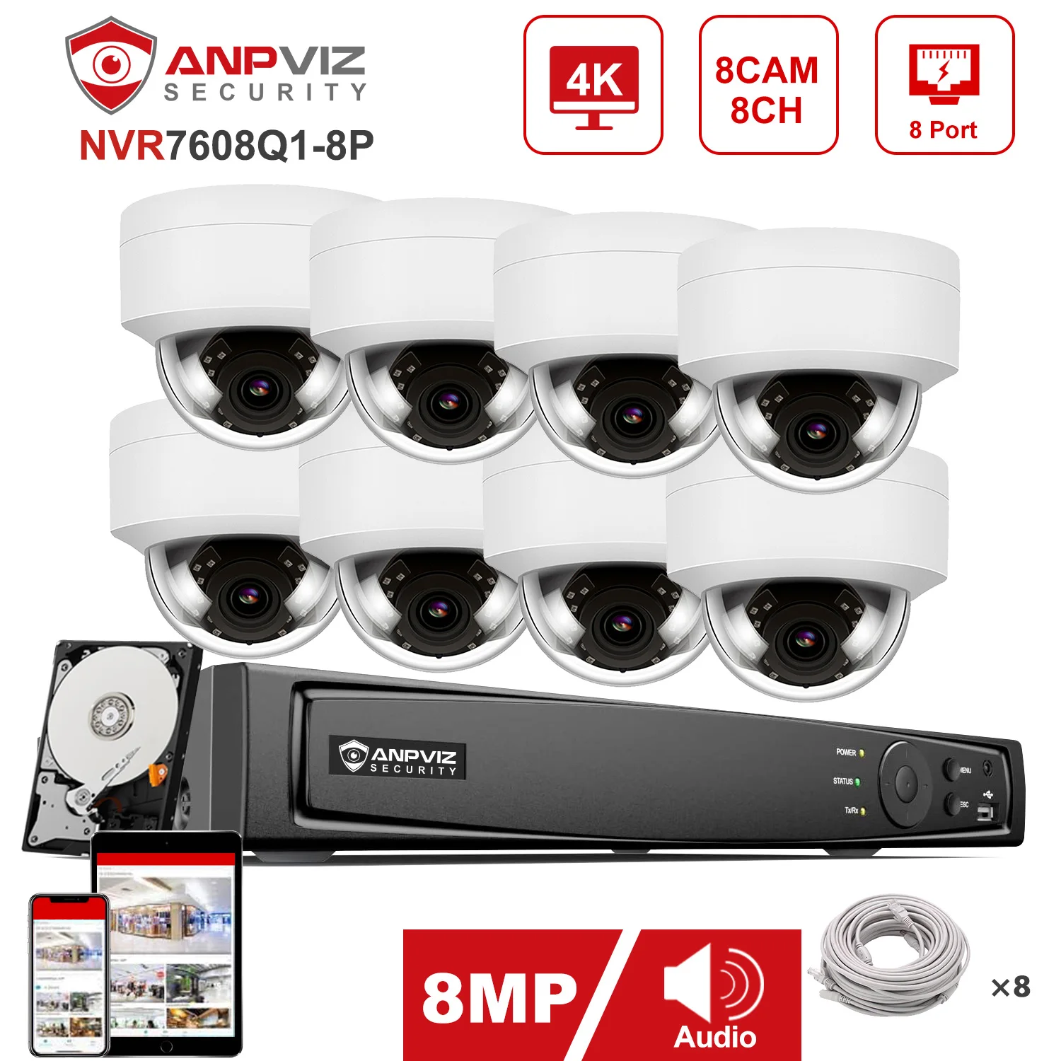 

Anpviz H.265+ 8CH 4K NVR 8MP POE Dome IP Camera CCTV Video System Outdoor IP Security Kit IP66 30m IR P2P View H.265 2.8mm Lens