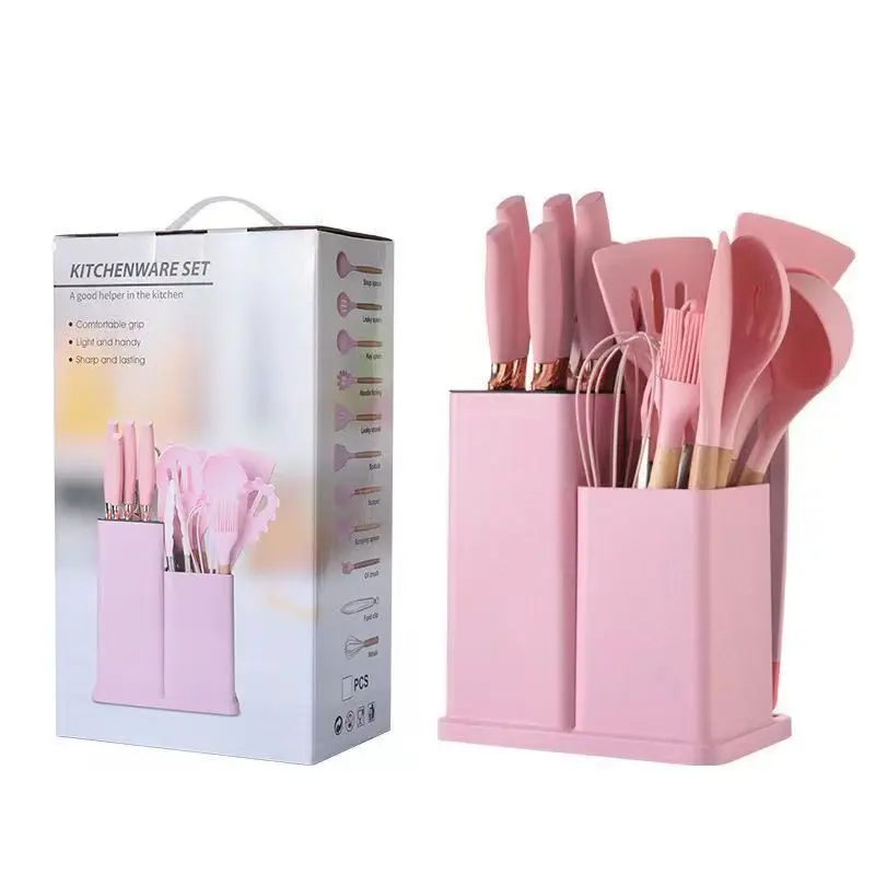 Silicone Kitchen Utensils 19 Piece Kitchen Utensils Storage Bucket Stainless Steel Handle Knife Set Kitchen Knife Set