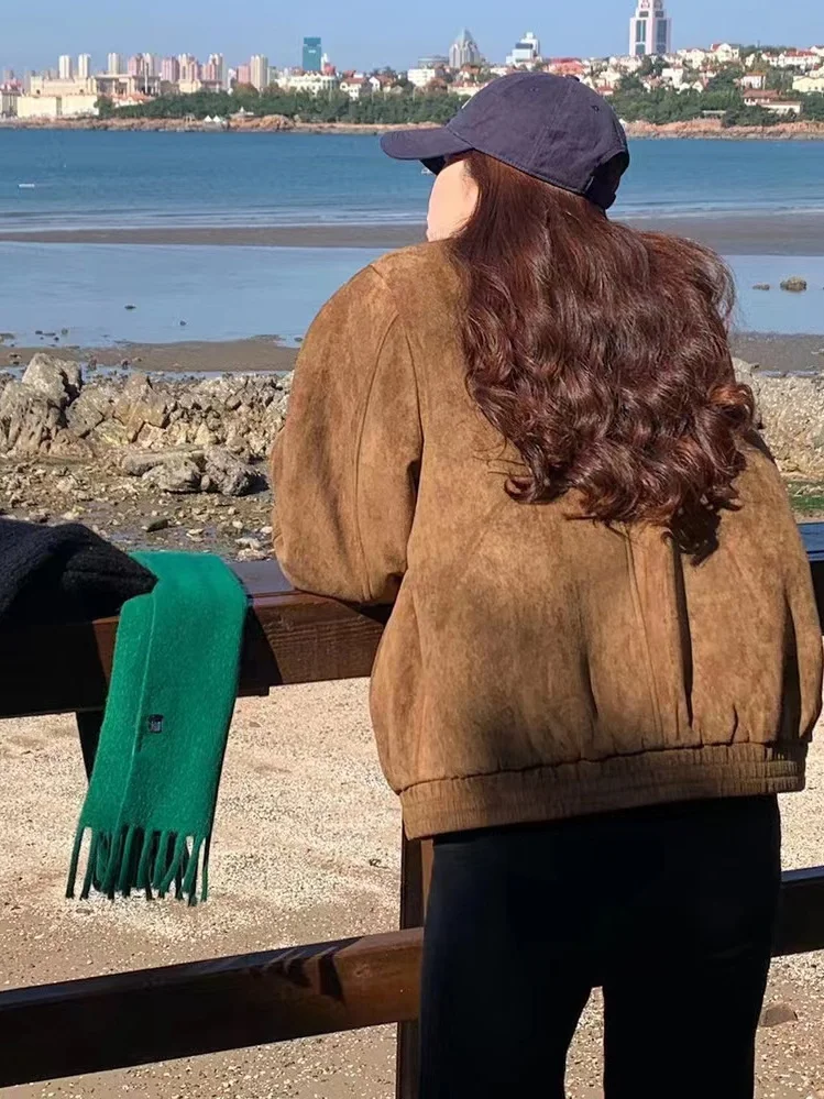 Chaqueta de Cuero Marrón Retro para Mujer, Corte Hoado, Estilo Motocicta, Abrigo de Moda para Otoño e Invierno, Cierre d...