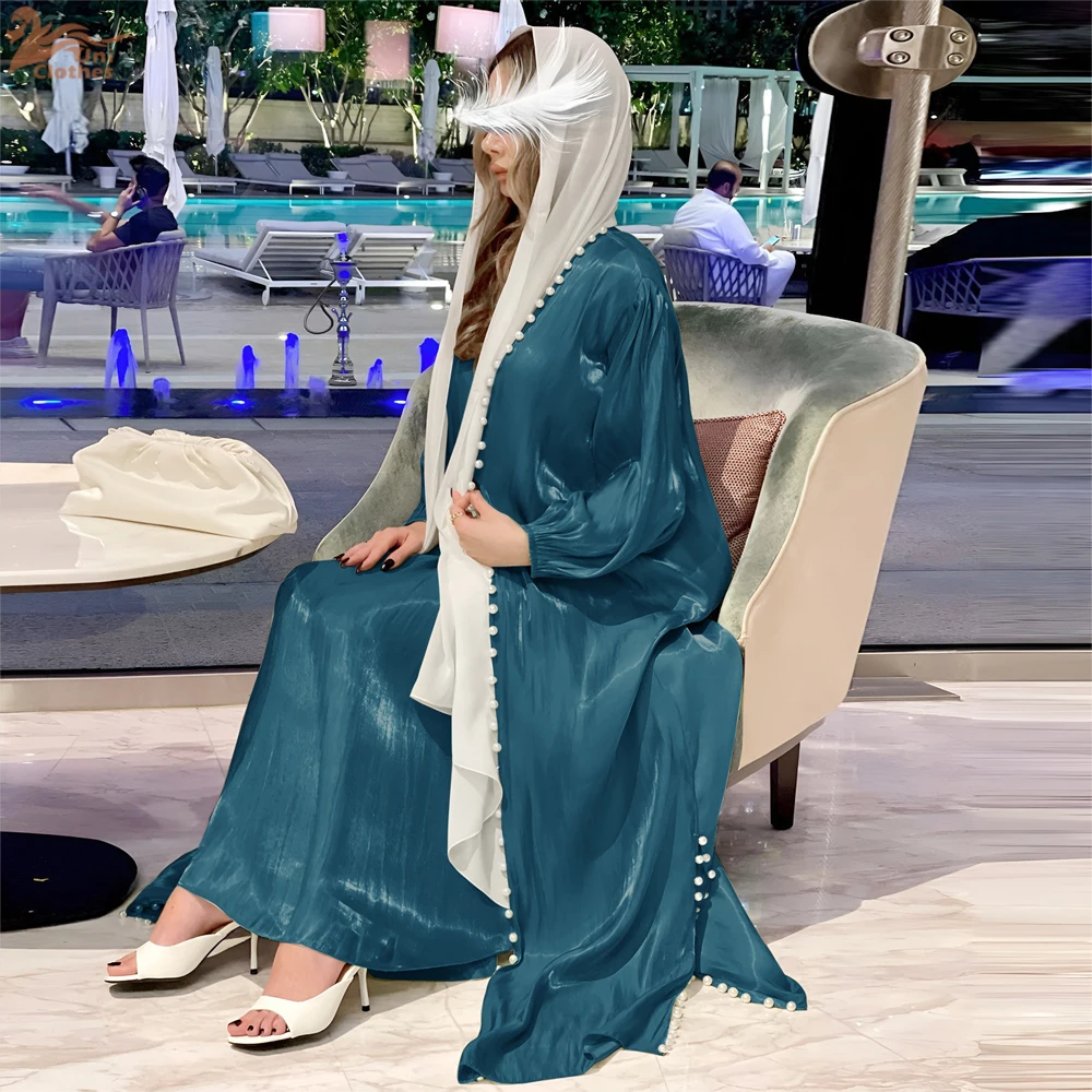 Muslim Abaya Women Dress 2 Piece Set Abayas Morocco Caftan Gowns 2024 New Ramadan Dubai Arabic Silk Satin Kimono Cardigan Robe