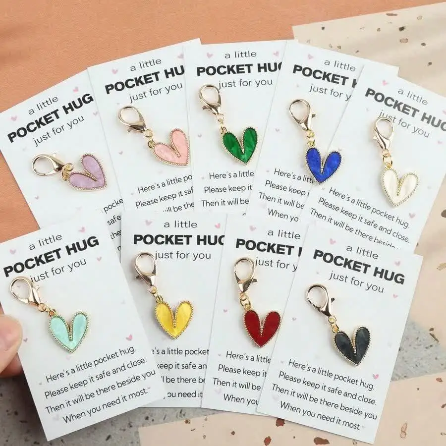 1/5/10/20/50/100pcs Minimalist Elegant Heart Shaped Keychain Set, Includes Pocket Hug Greeting Card, Alloy Pendant, Simple Desig