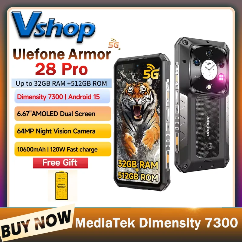Прочный телефон Ulefone Armor 28 Pro 5G AI, 16 ГБ + 512 ГБ, аккумулятор 10600 мАч, 120 Вт, 6,67 дюйма, AMOLED, Android 15 MTK, размер 7300, смартфон