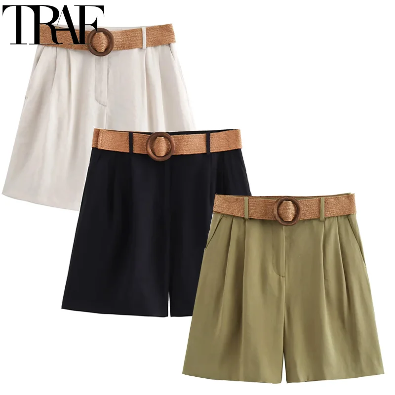 

TRAF 2024 Womens Shorts Belt Pleated Short Pants Woman Summer High Waist Bermuda Shorts For Women Casual Baggy Black Shorts