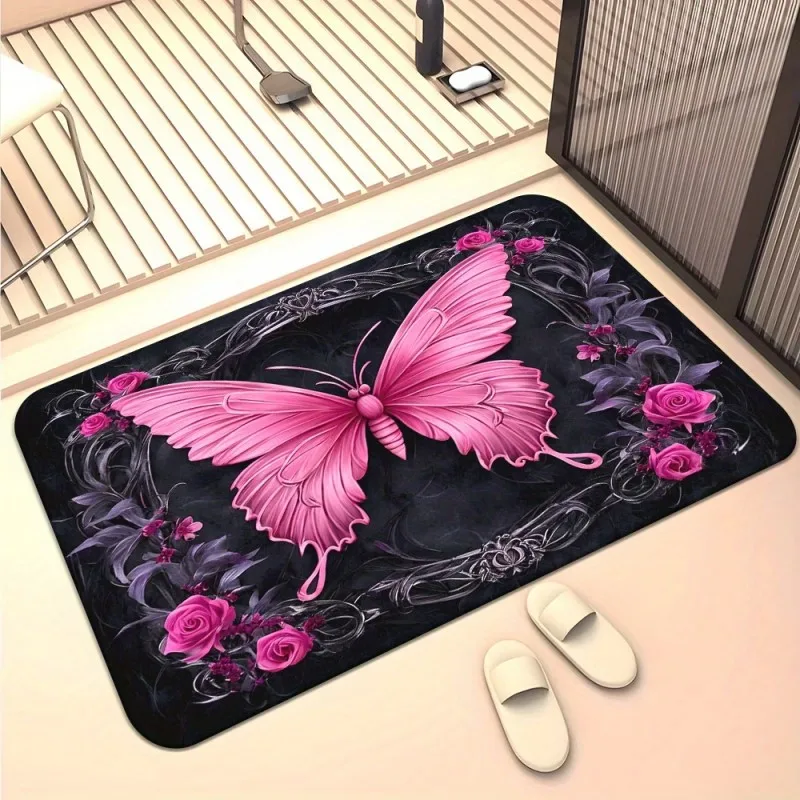 Gothic Pink Butterfly and Rose Print Doormat Dark Floral Design Non Slip Floor Mat