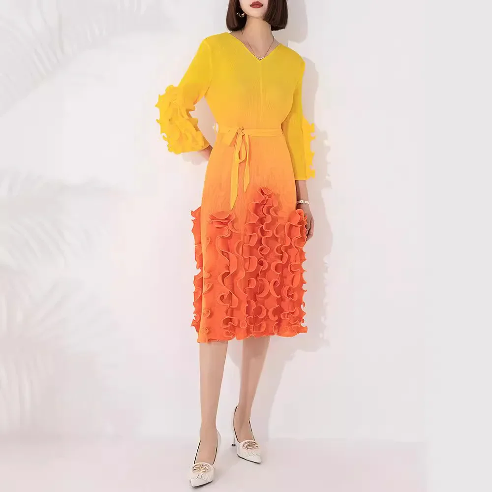 

Miyake Pleated Dress Women's 2024 Summer New Gradient V-neck Short-sleeved Fungus Edge Waist-tie Loose Large Size Long Skirt