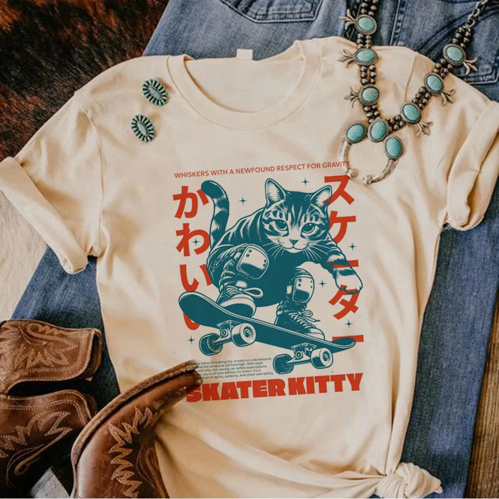 Japanese Grunge Cat top tees girl Gothic 80s Psychedelic korean clothes top tees Gothic Vintage Trendy aesthetic kawaii
