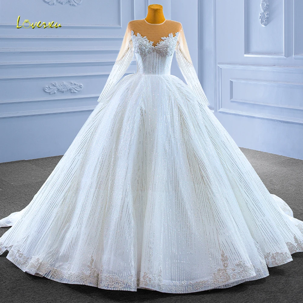 Loverxu Ball Gown Charming Vintage Wedding Dresses O-Neck Long Sleeve Vestido De Novia Lace Beaded Shiny Custom Made Bridal Gown