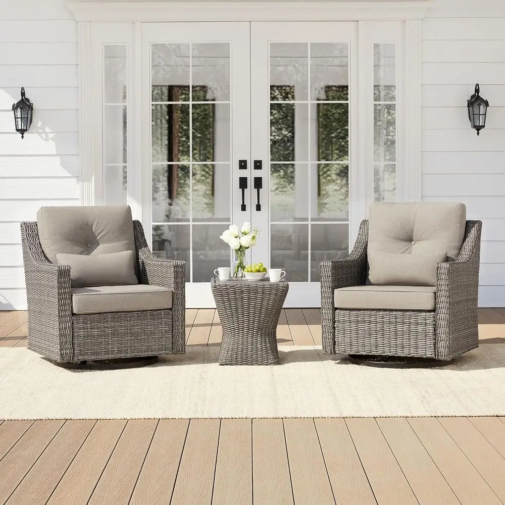 

3-Piece Wicker Patio Bistro Set with 2 Rattan Rocking Swivel Chairs, Cushions, and Side Table