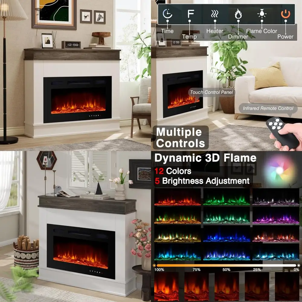 

39-дюймовый электрический камин с каминной и 30-дюймовым обогревателем, тихая работа, пульт дистанционного управления и сенсорным экраном.