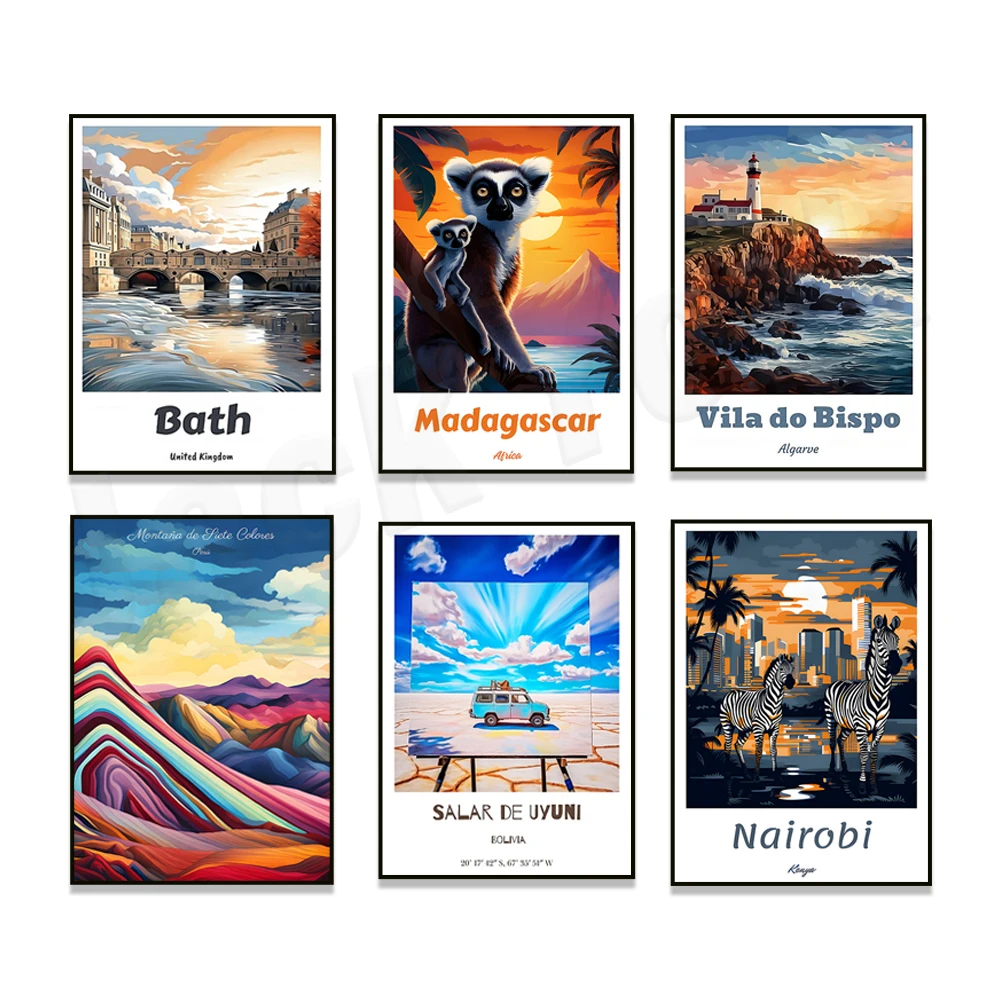 

Lauterbrunnen, Switzerland, Salar de Uyuni, Funchal Madeira, Puerto Casitas, Nairobi, Bath Somerset, Cusco Peru travel poster