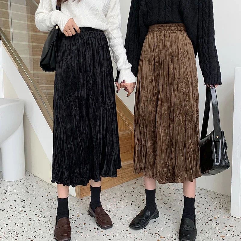 Elegant High-waisted Mid-length Skirts Women Fall Winter Velvet  A-line Pleated Skirt Female Korean Fashion Folds Long Skirts