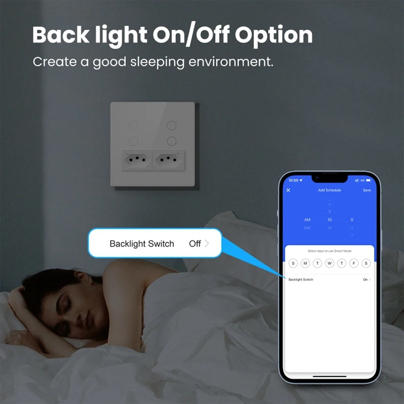 1 Piece Tuya Wifi Smart Brazil Wall Switch And Socket, 4 Buttons Switch Tempered Glass+PC For Alexa Google Home White